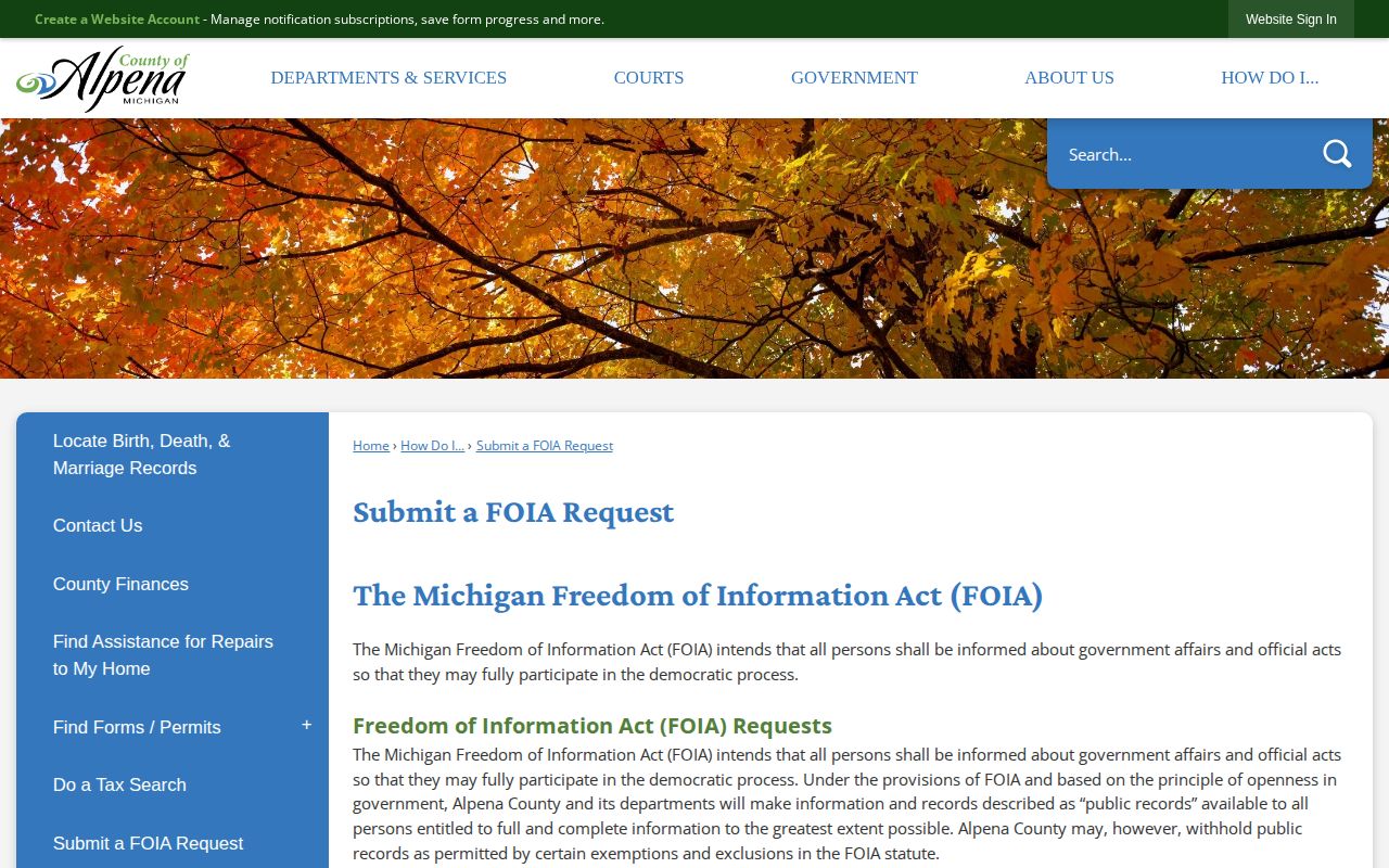 Alpena County FOIA booking record request page