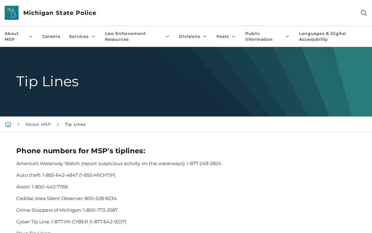 Michigan State Police tip lines for Alpena County wanted information