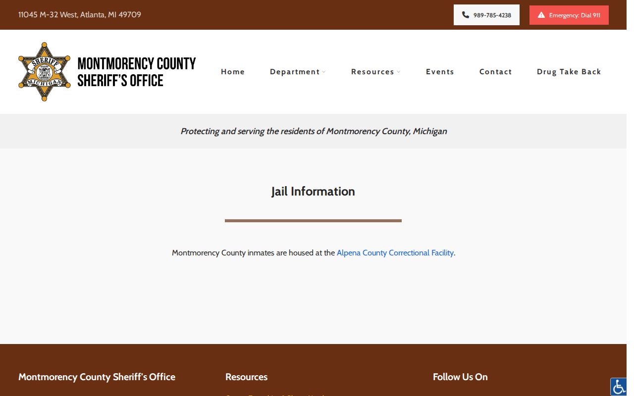 Montmorency County Sheriff jail information explaining inmate housing in Alpena County